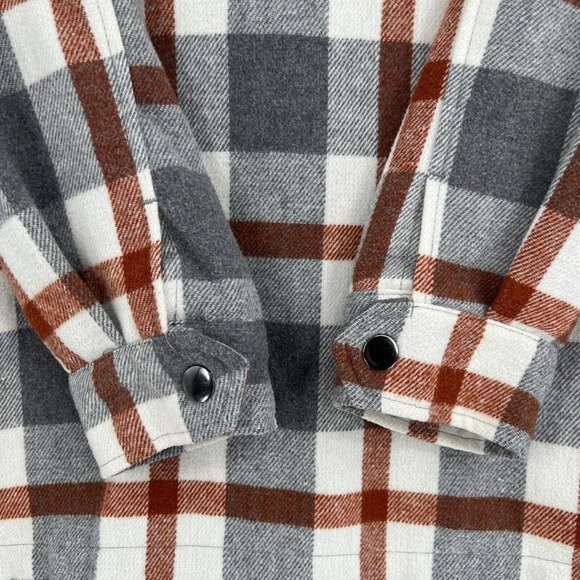 HFX Womens S Shacket Shirt Jacket Gray Rust Plaid Snap Front Pockets Oversize - Picture 4 of 13